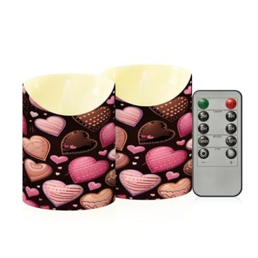 Imagem de Wassud Pacote com 2 velas sem chama com padrão de coração de chocolate com controle remoto, velas realistas cintilantes com temporizador, velas decorativas para Natal, casamento, festa, decoração de