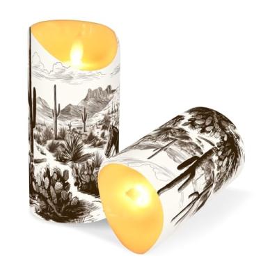 Imagem de ATTX Pacote com 2 velas de caubói do deserto ocidental – Velas de pilar de LED de 7,6 cm x 15 cm com controle remoto e temporizador para casa, casamento, decoração de acampamento #87