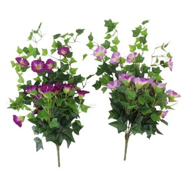 Imagem de Guirlanda de flores artificiais Morning Glory realista reutilizável falso pendurado videiras planta elegante decoração de parede para festa de casamento pátio varanda tecido (Roxo Profundo + Roxo