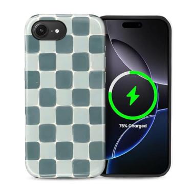 Imagem de Kapadiy Capa magnética para iPhone 16e, compatível com MagSafe Green Checkered Pattern Design Hybrid Dual Protection Silicone + PC rígido à prova de choque, capa protetora para homens e mulheres