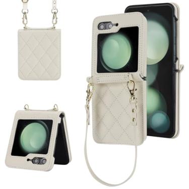 Imagem de LBYZCASE Capa de telefone para Z Flip 6 2024, capa carteira Samsung Galaxy Z Flip 6 com couro embutido, alça de pulso, bolsa de transporte para mulheres (branca)