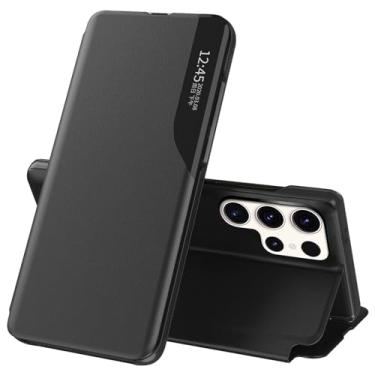 Imagem de Capa S22 Ultra Flip para Samsung Galaxy S22 Ultra 5G, capa de couro slim fit transparente para Samsung S22 Ultra capa de telefone com suporte, resistente, resistente, à prova de choque (preto)