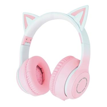 Imagem de Naroote Fones de Ouvido Cat Ear Bluetooth 5.3 para Crianças e Adultos, Bonito Fone de Ouvido Sem Fio para Jogos Com Luz LED Cabo AUX de 3,5 Mm Microfone Retrátil Removível Dobrável (PINK)