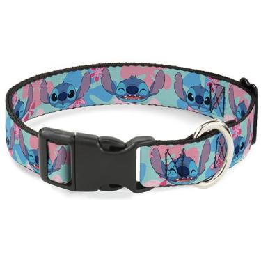 Imagem de Coleira de cachorro Disney com fivela de plástico, liberação rápida, fácil de ajustar, expressões de ponto lilio e ponto e flores azuis rosa, 24,5 a 37 cm de largura