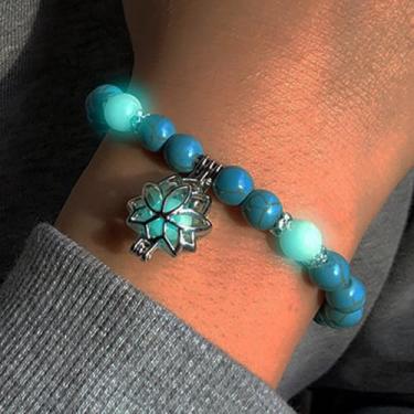 Imagem de Pulseira de flor de lótus para mulheres e homens, pulseira de lótus luminosa, pulseira elástica turquesa com contas, One Size, Aço inoxidável, Sem Pedra Preciosa