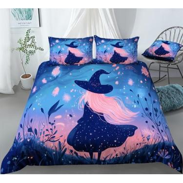 Imagem de REALIN Jogo de cama de bruxa de desenho animado para amantes de bruxas, conjunto de capa de edredom para meninas meninos e crianças, 3/4 peças, capas de colcha/lençóis/fronhas, solteiro/casal/queen