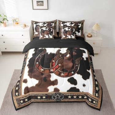 Imagem de Feelyou Jogo de cama de casal com decoração ocidental, estilo caubói, rodeio, estilo caubói, estilo caubói, estilo grunge, decoração de quarto, marrom e branco