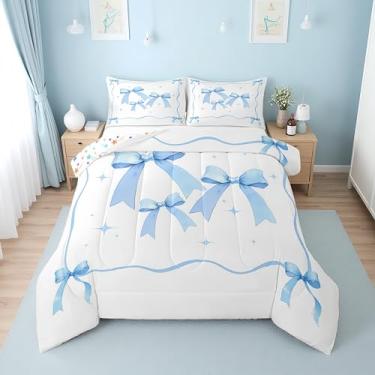 Imagem de Erosebridal Conjunto de edredom Queen azul claro para meninas | Conjunto de cama com laço de fita coquete para crianças, mulheres, azul e branco, decoração de quarto com gravata borboleta, 2 fronhas