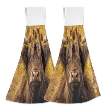 Imagem de Joitme Toalhas de mão vintage de vaca highland girassol penduradas com laço para cozinha e banheiro, pacote com 2 toalhas de gravata de lã coral macias absorventes panos de prato decorativos