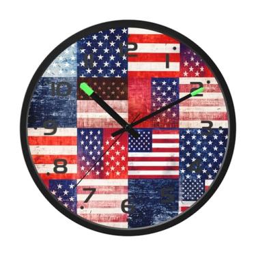 Imagem de SEHANY Relógio de parede com bandeira da América, silencioso, sem tique-taque, operado por bateria, controle de som, luz noturna, relógios de parede para sala de estar, cozinha, quarto, escritório
