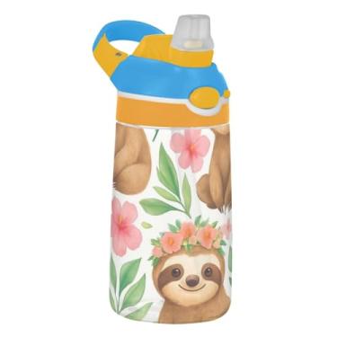 Imagem de Garrafa de água Tritan de 473 ml, reutilizável para crianças, garrafa de água esportiva de 473 ml, com canudo à prova de vazamento, copo de viagem infantil portátil, alça de transporte, lindos florais