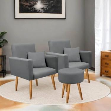 Imagem de Poltrona Decorativa com Puff Sala | Estofada em Suede, Pé Palito Madeira, Conforto e Design Moderno(Cinza Claro)