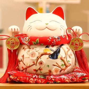 Imagem de FENNYYAR Enfeite criativo de cerâmica Maneki Neko Give Away para gatos brancos, 25 cm 9,7 polegadas, presente de decoração de abertura de loja