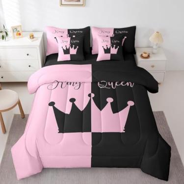 Imagem de Erosebridal Jogo de cama King e Queen, Coroa King, rosa e preto, conjunto de edredom com lençóis, dia dos namorados, 7 peças, presentes para mulheres