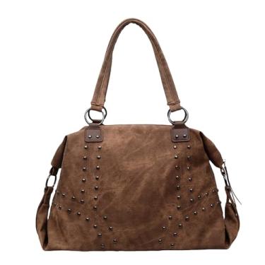 Imagem de OWGSEE Bolsa cravejada moderna de couro sintético cravejado bolsa Hobo com alça superior Y2K bolsa de ombro bolsa punk para mulheres, G - Marrom, Large