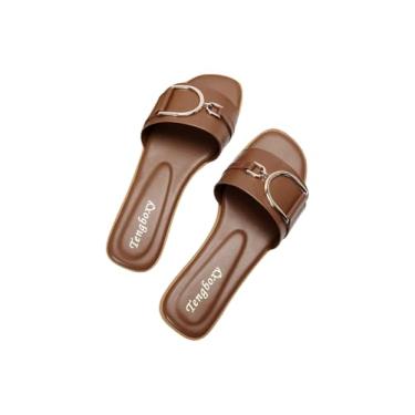 Imagem de Floerns Sandálias femininas rasteiras de couro com bico aberto e elegantes sandálias deslizantes, Marrom, 38