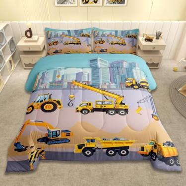 Imagem de Feelyou Conjunto de edredom casal com escavadeira, veículos de construção, para crianças, meninos, meninas, caminhões, edredom para decoração de quarto, microfibra, 3 peças com 2 fronhas