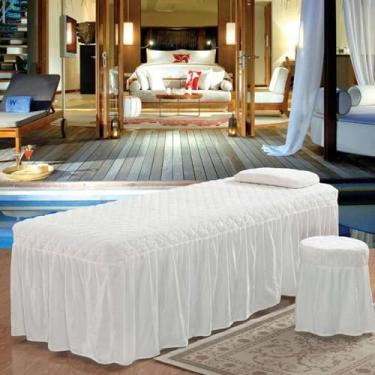 Imagem de Conjunto de lençóis de mesa de massagem, 3 peças, microfibra, veludo, beleza, beleza, fisioterapia, salão de beleza, saia e roupa de cama, roupa de cama com elástico, decoração de cama de spa, branco
