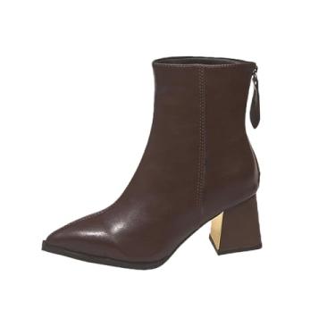 Imagem de Botas curtas femininas para outono inverno sola grossa com cadarço fivela de metal casual moda versátil confortável, Marrom, 36