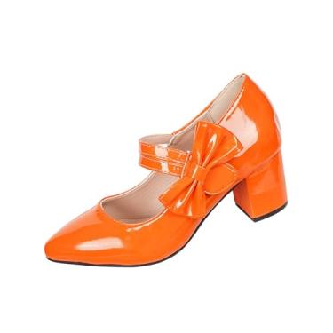 Imagem de Sandálias femininas casuais de salto alto, detalhe de laço, bico fino, bico fechado, salto bloco confortável, Laranja, 34