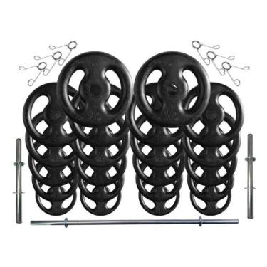 Imagem de Kit 80 Kg de Anilhas Ferro Fundido + Barras de Supino e Halteres - 2M