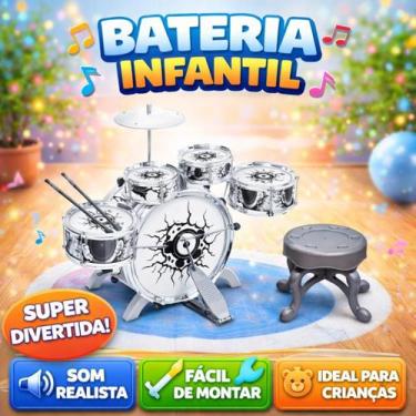 Imagem de Bateria Infantil Musical Brinquedo Realista com Banco Banqueta e 5 tam