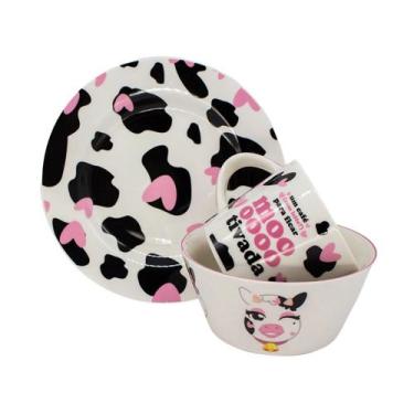 Imagem de Kit Cafe da Manha Caneca Bowl e Prato Ceramica Vaquinha Zona Criativa 