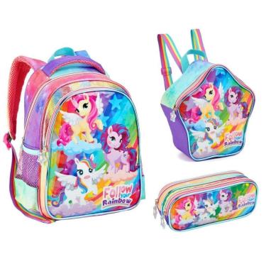 Imagem de Kit Mochila Lancheira e Estojo Escolar Infantil Unicórnio-Feminino