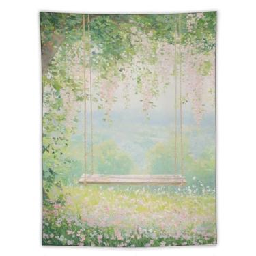 Imagem de Tapeçaria de balanço de videira de flor de primavera, pintura a óleo, prado de flor rosa, decoração romântica de jardim para sala de estar, quarto, decoração de arte de natureza sazonal suave com