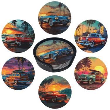 Imagem de sunwarshile Porta-copos para bebidas com suporte, porta-copos de couro, redondo, conjunto de 6 xícaras, canecas, tapete para bar de cozinha em casa (impressão de carro)