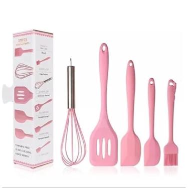 Imagem de kit 12 peças utensílios de cozinha silicone Copo Suporte Jogo de Cozinha kit 5 utensílios s/copo(KIT 5 ROSA S/COPO)