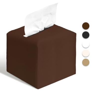 Imagem de Capa de caixa de lenços de couro PU suporte quadrado com cinto inferior organizador de papel facial dispensador para mesa, banheiro, carro, escritório (marrom)