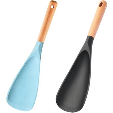 Imagem de Conjunto de 2 colheres de silicone com cabo de madeira para panelas antiaderentes, cozinhar, assar, mexer, espátula resistente ao calor sem BPA para misturar, girar, raspar (preto + azul)