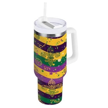 Imagem de Blueangle Copo isolado de listras Mardi Gras de 1,134 g com alça e tampa de palha, caneca de viagem reutilizável de aço inoxidável (965)