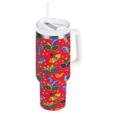 Imagem de Blueangle Copo isolado para Mardi Gras de 1,134 g com alça e tampa de palha, caneca de viagem reutilizável de aço inoxidável (473)