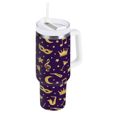 Imagem de Blueangle Copo isolado de ícones de Mardi Gras Glitter de 850 g com alça e tampa de palha, caneca de viagem reutilizável de aço inoxidável (645)