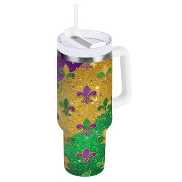 Imagem de Blueangle Copo isolado de ícones de Mardi Gras Glitter de 850 g com alça e tampa de palha, caneca de viagem reutilizável de aço inoxidável (648)