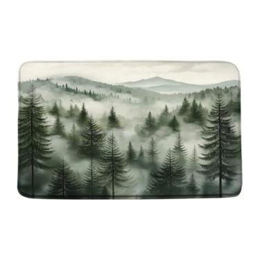 Imagem de Tapete de banho de montanha, verde escuro, floresta enevoada, paisagem, rústico, pinheiro, nebuloso, abstrato, moderno, decoração de banheiro, tapete, 43 x 75 cm