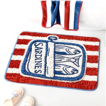 Imagem de Whaline Tapete de lata de sardinha tapete de banho antiderrapante tapete absorvente azul vermelho bonito peixe estanhado tapete de banheiro para decoração de casa, 19,7 x 81,5 polegadas