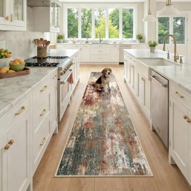 Imagem de RELEANY Tapetes laváveis 5 x 23 cm, modernos, abstratos, macios para sala de estar, entrada, quarto, berçário, estampado, marrom, ferrugem, vermelho, verde, azul, multi