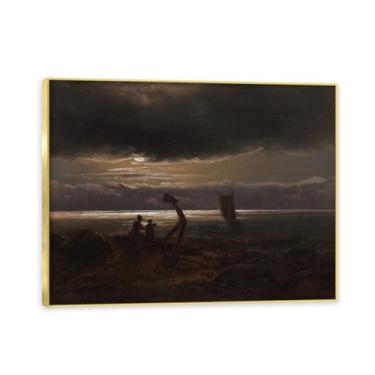 Imagem de NHLDZYH Moldura dourada. Trabalho mestre do romance norueguês, réplica de quadro de J. C. Dahl, paisagem atmosférica, arte de parede com moldura para biblioteca ou sala. (Costa do mar). 30 x 40 cm.