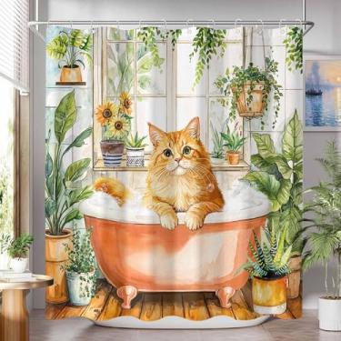 Imagem de YEXIT Cortina de chuveiro de gato fofo, gatinho engraçado na banheira, tecido estampado com plantas verdes, decoração de banheiro, 183 x 182 cm