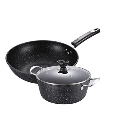 Imagem de Conjunto de duas peças Maifan Stone Wok, frigideira antiaderente doméstica, conjunto de panelas de ferro fino universal, conjunto de panelas de cozinha