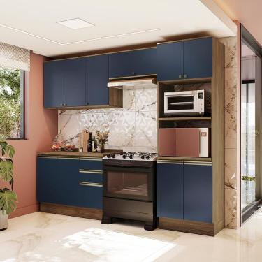 Imagem de Armário de Cozinha Completa Torre Quente 100% MDF 270cm Nogueira/Azul Profundo Celeste Kappesberg