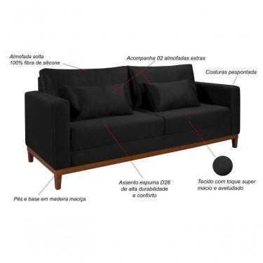 Imagem de Sofá Bahamas 1,70 Veludo Living Fixo Império Veludo Preto 176