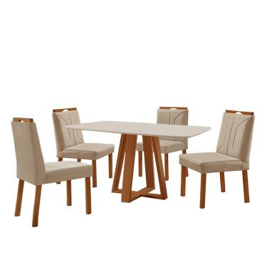 Imagem de Conjunto Sala De Jantar Mesa Floripa 140x80cm Off White Com 4 Cadeiras Luna Veludo Bege