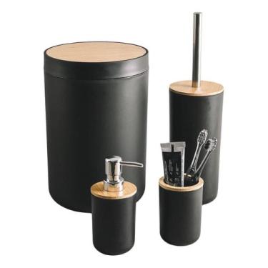 Imagem de Kit Para Banheiro 4 Peças Lixeira Porta Escova Tampa Bambu G - Casa Ca