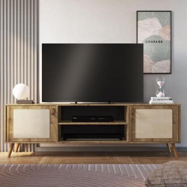 Imagem de Rack Para TV Com Pés De Madeira Tela Natural e Couro 180cm - Merk Move