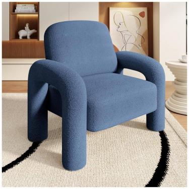 Imagem de Poltrona Dewhut em tecido sherpa azul, cadeira decorativa estofada com braços curvos tipo tromba de elefante