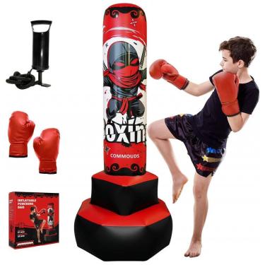 Imagem de Saco de Pancadas Infantil Inflável COMMOUDS Vermelho 170 cm com Luvas e Base Larga